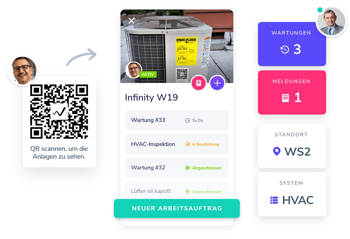 Facility Management System mit QR-Code-Scanning zur Anlageninspektion, Wartungsverfolgung und Aufgabenverwaltung für eine effiziente HVAC-Instandhaltung