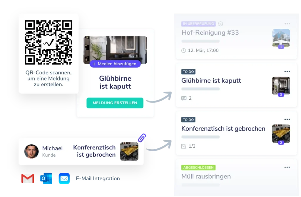 Facility Management Software mit QR-Code-basiertem Meldesystem, automatisierter Aufgabenverfolgung und E-Mail-Integration für effizientes Wartungsmanagement