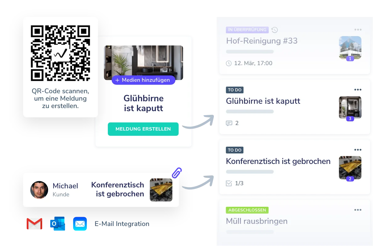 Facility Management Software mit QR-Code-basiertem Meldesystem, automatisierter Aufgabenverfolgung und E-Mail-Integration für effizientes Wartungsmanagement