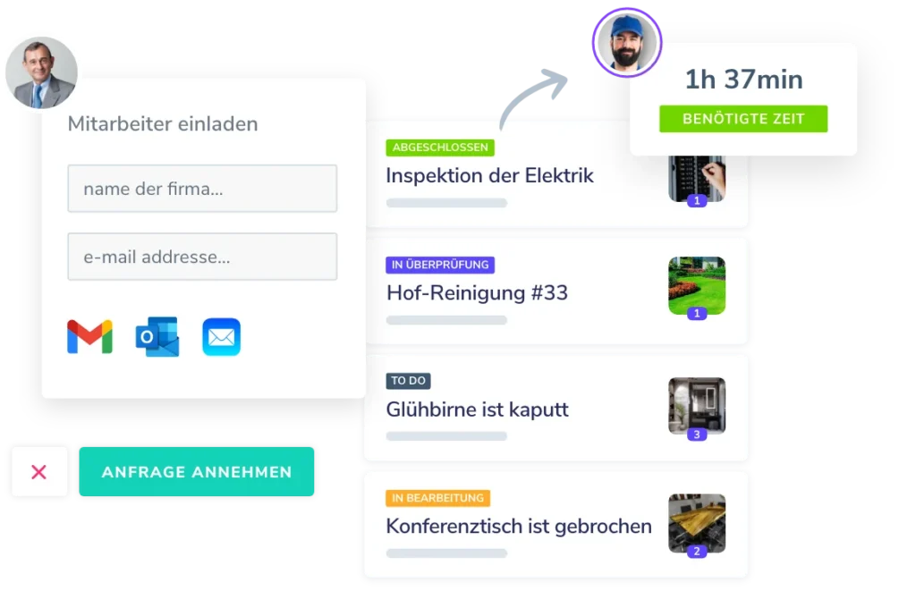 FM Software Benutzeroberfläche mit Aufgabenmanagement, Zeitaufwand-Tracking und Team-Einladungsfunktion für optimierte Arbeitsabläufe im Facility Management