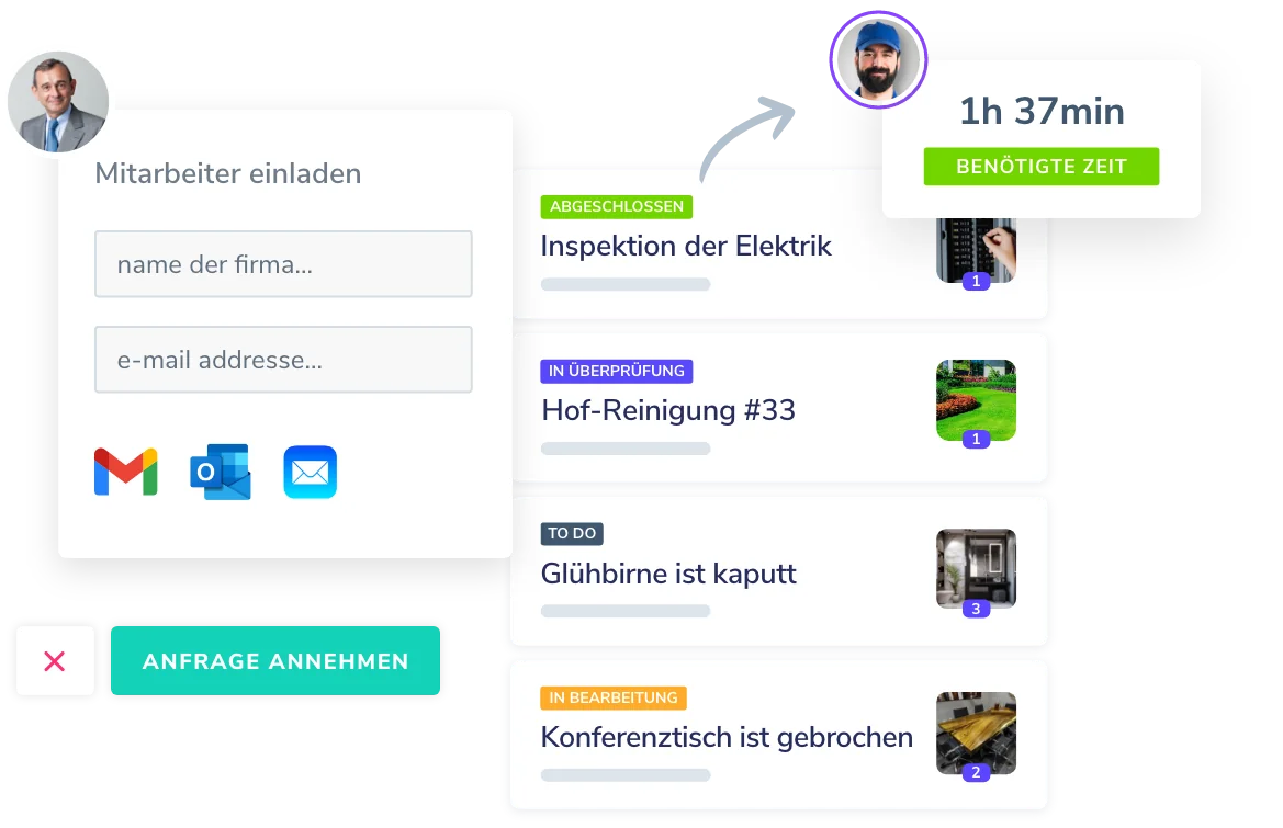 FM Software Benutzeroberfläche mit Aufgabenmanagement, Zeitaufwand-Tracking und Team-Einladungsfunktion für optimierte Arbeitsabläufe im Facility Management