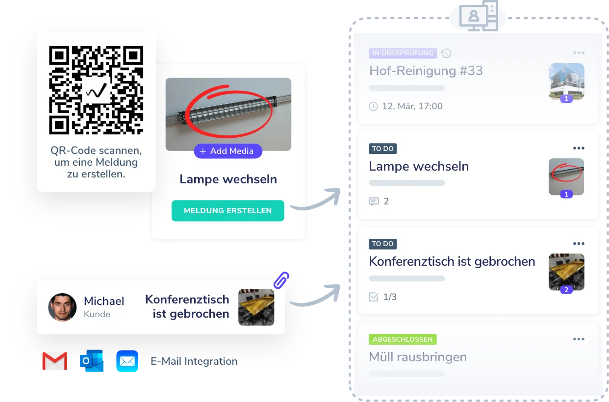 Hausmeisterservice Software mit QR-Code-Meldesystem, E-Mail-Integration und digitaler Aufgabenverwaltung für effiziente Instandhaltungs- und Wartungsprozesse