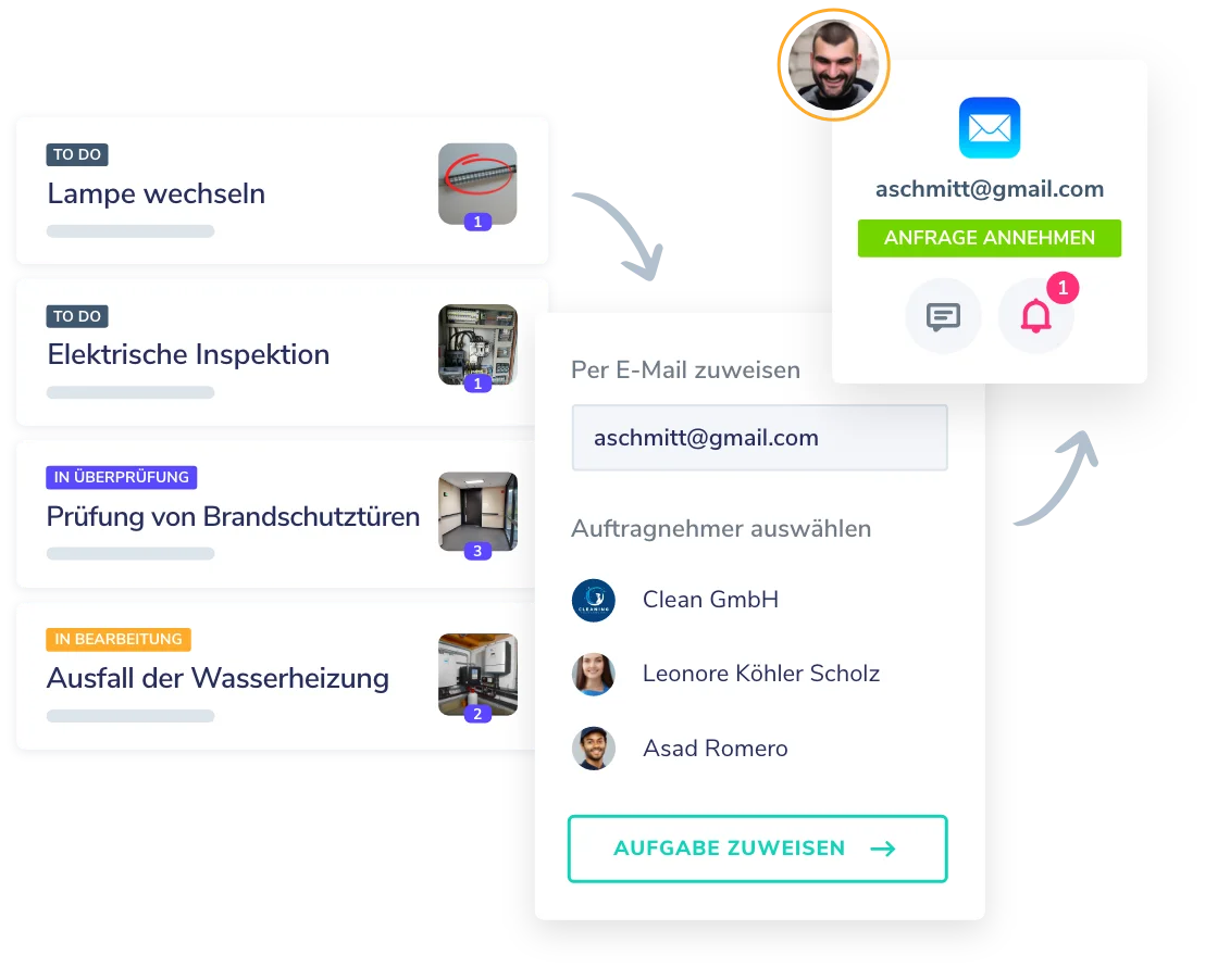 Hausmeister Programm mit digitaler Aufgabenverwaltung, E-Mail-Zuweisung und Team-Koordination für effiziente Wartungs- und Reparaturarbeiten