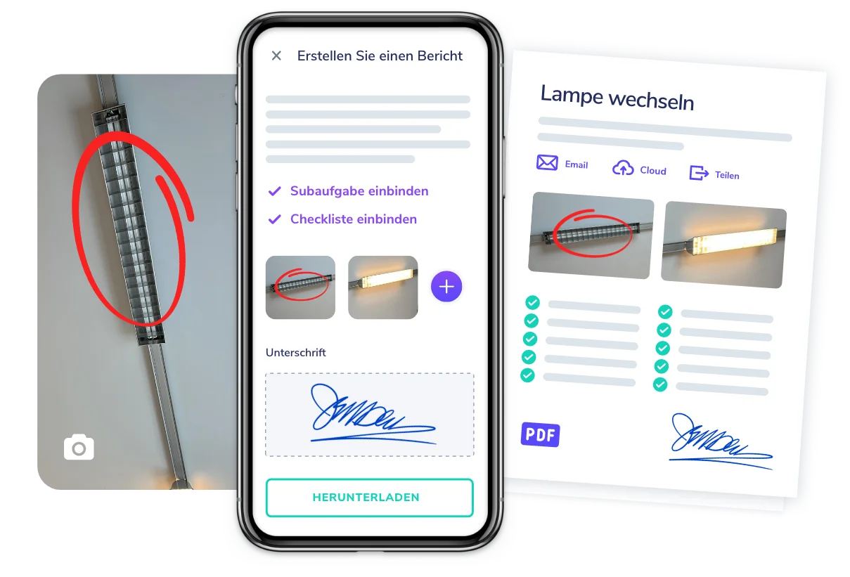 Hausmeister App zur digitalen Dokumentation von Wartungsarbeiten mit Fotoerfassung, Checklisten und PDF-Berichterstellung für effiziente Reparaturprozesse.